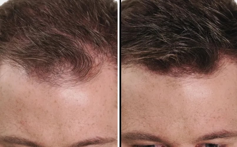 Muška kosa prije i 30 sekundi nakon nanošenja Nanogen keratinskih vlakana